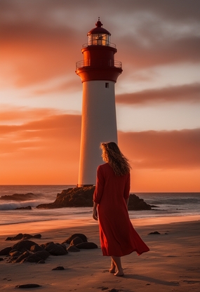 日暮黄昏海边灯塔美女背影写真图片